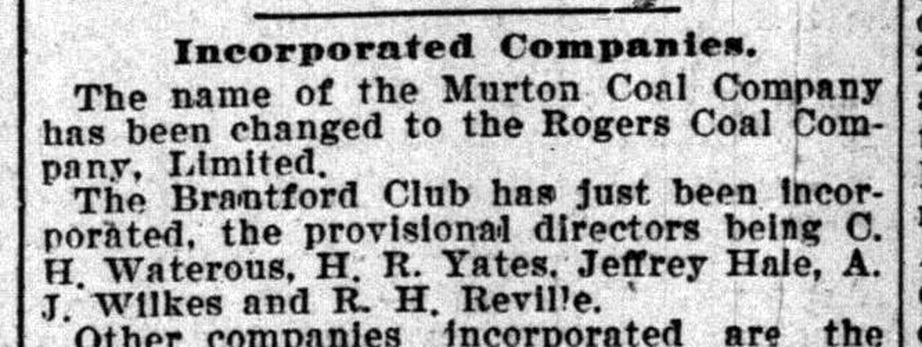 The Brantford Club incorporation notice naming the five provisional directors, The Toronto World, August 1, 1898